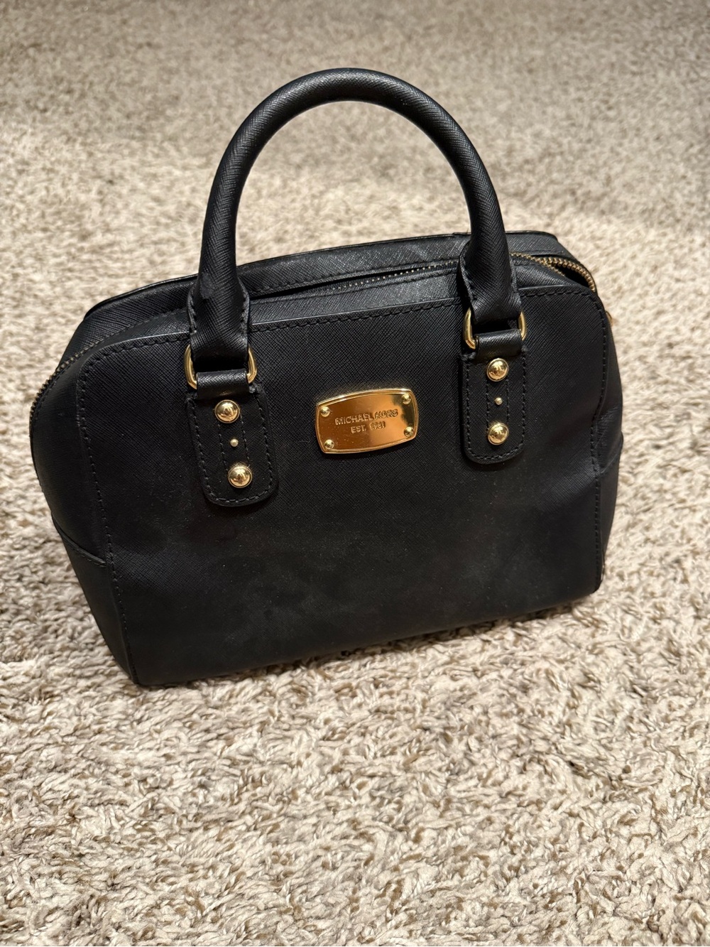Michael Kors Black Leather Satchel with Gold Plaque